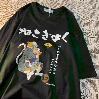 Original Japanese Retro Fun Fish CAT Cartoon Print Pure Cotton Short Sleeved T-shirt Men Women Trendy Loose Round Neck Tee Shirt