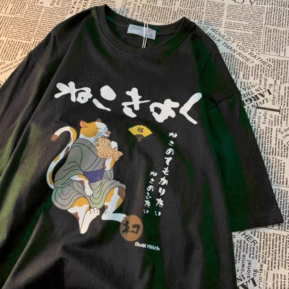 Original Japanese Retro Fun Fish CAT Cartoon Print Pure Cotton Short Sleeved T-shirt Men Women Trendy Loose Round Neck Tee Shirt