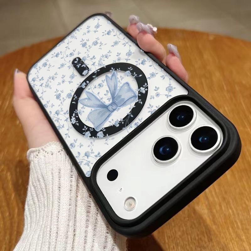 Floral Bow Magnetic Phone Case for Apple 17Pro, 16, 15, 14, 13, 12, 11 - Large Hole, Transparent