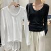 Long-sleeved T-shirt Women's Autumn and Winter Thin Solid Color Short Low Round Neck Solid Color Shirt with Lazy Style Inside