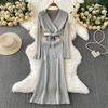 Autumn Winter Women Elegant V-neck Full Sleeve Knitted Pullover Sweater Long Midi Lace-up Robe Dresses