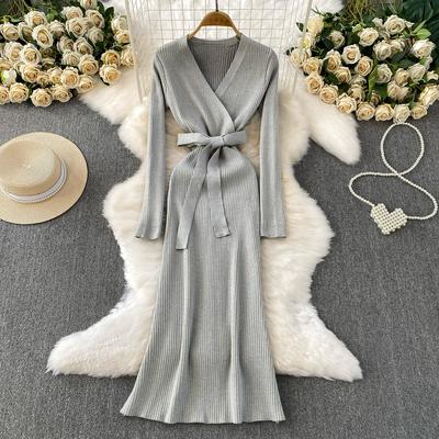 Autumn Winter Women Elegant V-neck Full Sleeve Knitted Pullover Sweater Long Midi Lace-up Robe Dresses