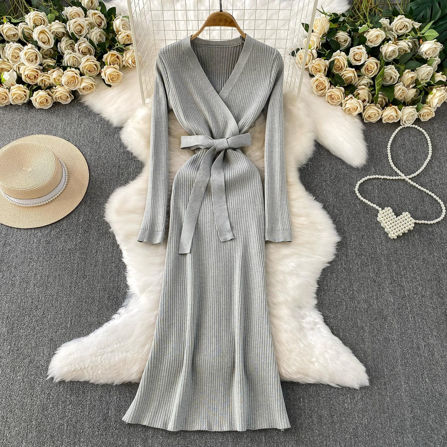 

Осень Зима Женский Элегантный Вязаный Пуловер С V-образным Вырезом и Длинным Рукавом, Длинное Миди Платье-Халат на Шнуровке One Size серый