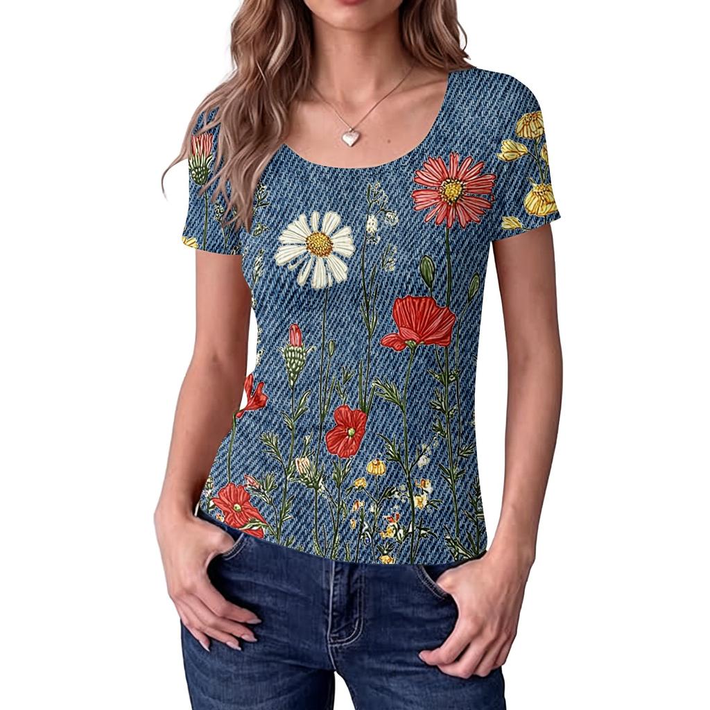 Women's Slim Fit Square Neck Vintage Floral Print Short Sleeve Top Stretchy Casual Blouse for Daily Wear and Outdoor Activities