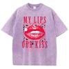 Cotton Womens Acid Wash T-Shirts My Lips Our Kiss Letter Printing Tee Shirts Comfortable Oversized Tops Street Clothes