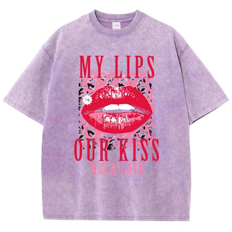 Cotton Womens Acid Wash T-Shirts My Lips Our Kiss Letter Printing Tee Shirts Comfortable Oversized Tops Street Clothes
