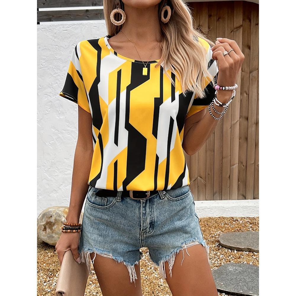 T-Shirt Damen Sommer Freizeit elegant Temperament Rundhals Kurzarm geometrisches Muster Top locker lässige Kleidung Damen T-Shirt