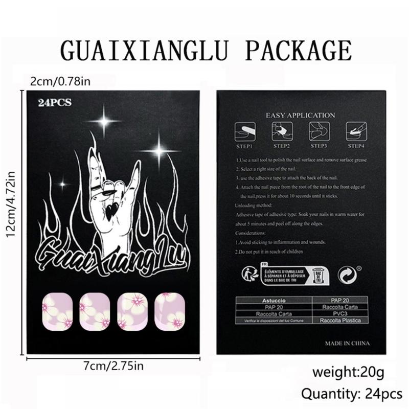 24PCS Floral Pattern Press On Nail In Light Purple French Style Oval Shape Shining For Quick Application Daily Use