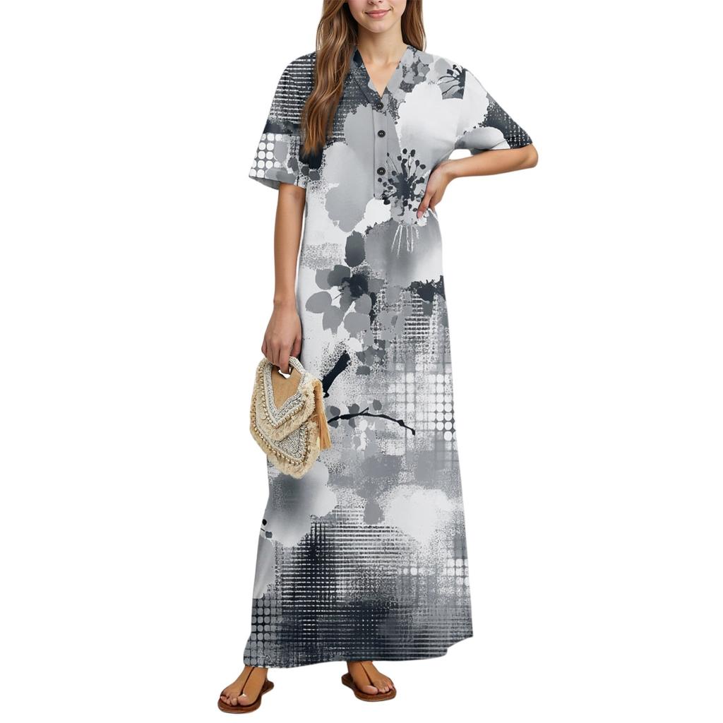 Women's Fashion Printed Nightgown Home Clothes Short Sleeve Nightgown With Pockets Long Dress