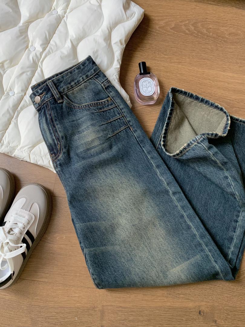 Women s High-Waisted Retro Washed Denim Wide-Leg Floor-Length Frayed Jeans Large