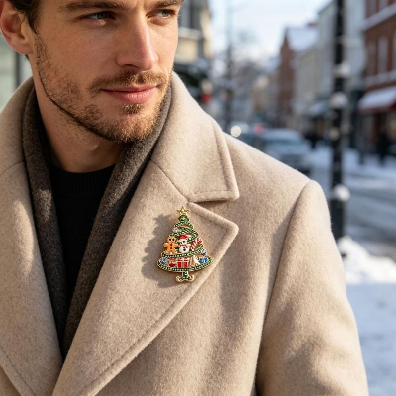 Holiday Brooch Pin Christmas Tree Design with Snowman Accent, Gold Tone Zinc Alloy Stone Detail Jewelry for Winter Coats Scarves Bags and Hats