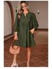 European & American Women's Pointed Collar Midi Dress: Solid Color, High Waist, 3/4 Sleeve Pullover.