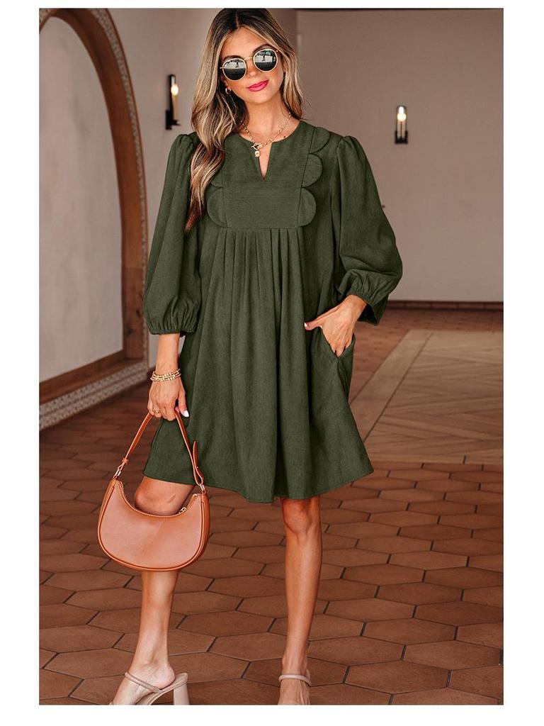 European & American Women's Pointed Collar Midi Dress: Solid Color, High Waist, 3/4 Sleeve Pullover.