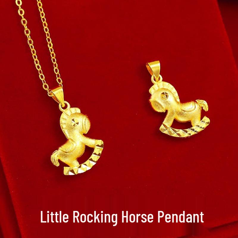 Vietnam Sand Gold-Plated Rocking Horse Necklace with Small Brass Lock Pendant