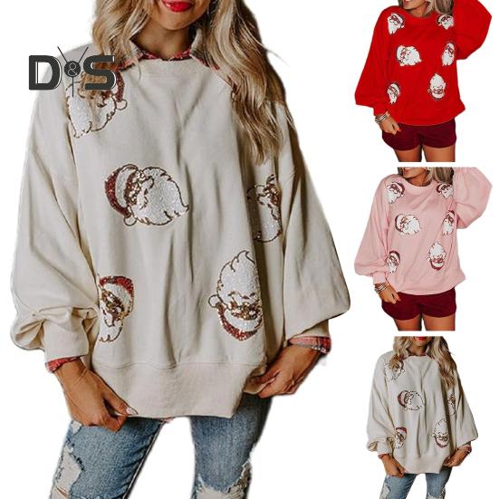 Women Christmas Sweatshirt Round Neck Sequin Santa Pattern Loose Long Lantern Sleeves Pullover Keep Warm New Year Party Top