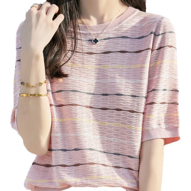 Ice Silk Short Sleeved T-shirt for Women Slimming Color Striped Plus Size Summer Thin Knit Top