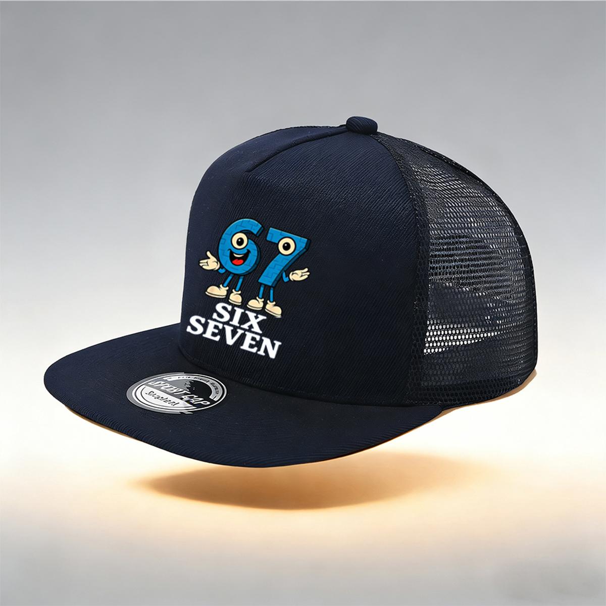 

1/2PC Y2K 67 Flat Brim Trucker Hat, Cartoon SIX SEVEN Print, Breathable Mesh, Sweet Aesthetic Cap темно-синий