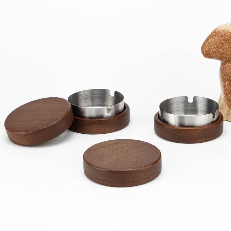 Walnut Wood Ashtrays Stainless Steel Liner Indoor Outdoor Ash Tray For Home With Lid Covered Windproof Ashtray desk accessories