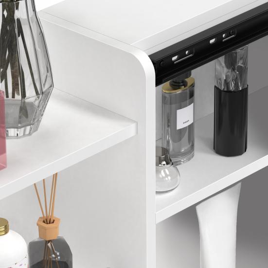 Toaletní stolek s posuvným zrcadlem, Ložnicový toaletní stolek, Make-upový stolek se 6 zásuvkami, Otevřené police, Skrytý úložný prostor