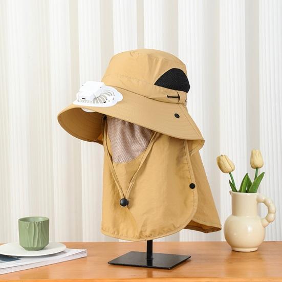 Men Solar Fan Hat with Face And Neck Cover USB Rechargeable Fan Large Brim Hollow Mesh Windproof Strap Anti-UV Sunlight Protection Outdoor Fishing