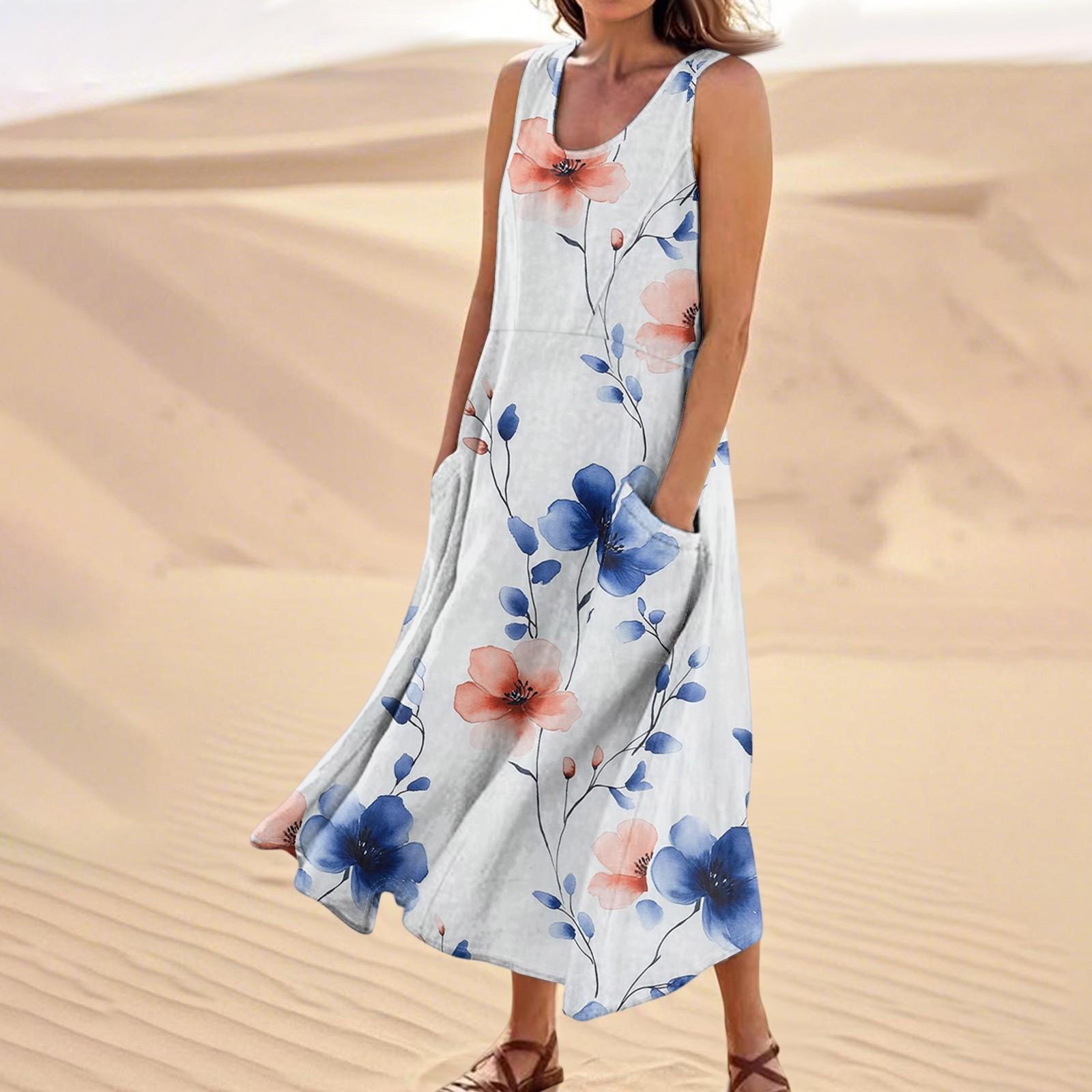 

Женское летнее повседневное модное платье без рукавов с цветочным принтом и карманом S белый