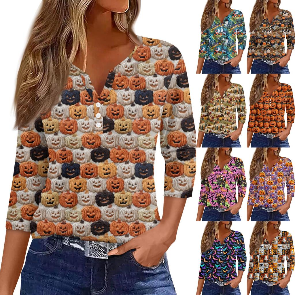 Damen T-Shirt mit Aufdruck, Knopfleiste, 3/4-Ärmel, modisch für den Alltag und das Wochenende, Basic, V-Ausschnitt, normales Oberteil