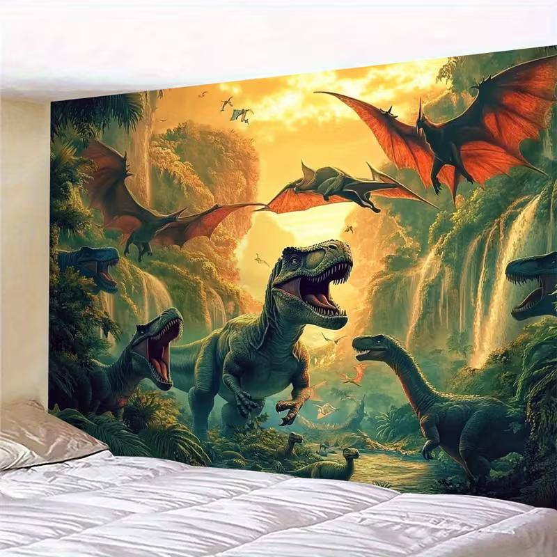 Kids Dinosaur Sunset Tapestry, 150x100cm Tropical Jungle Waterfall Jurassic Landscape Wall Art for Bedroom, Living Room
