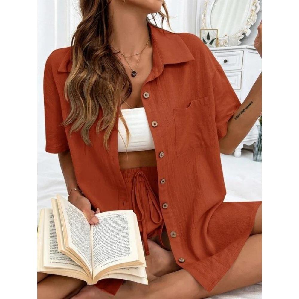 European Fashion Outdoor Street Women s Shirt Shorts 2-piece Set Summer Women s Short Sleeved Shirt Shorts Home Vacation Casual Women s Set S