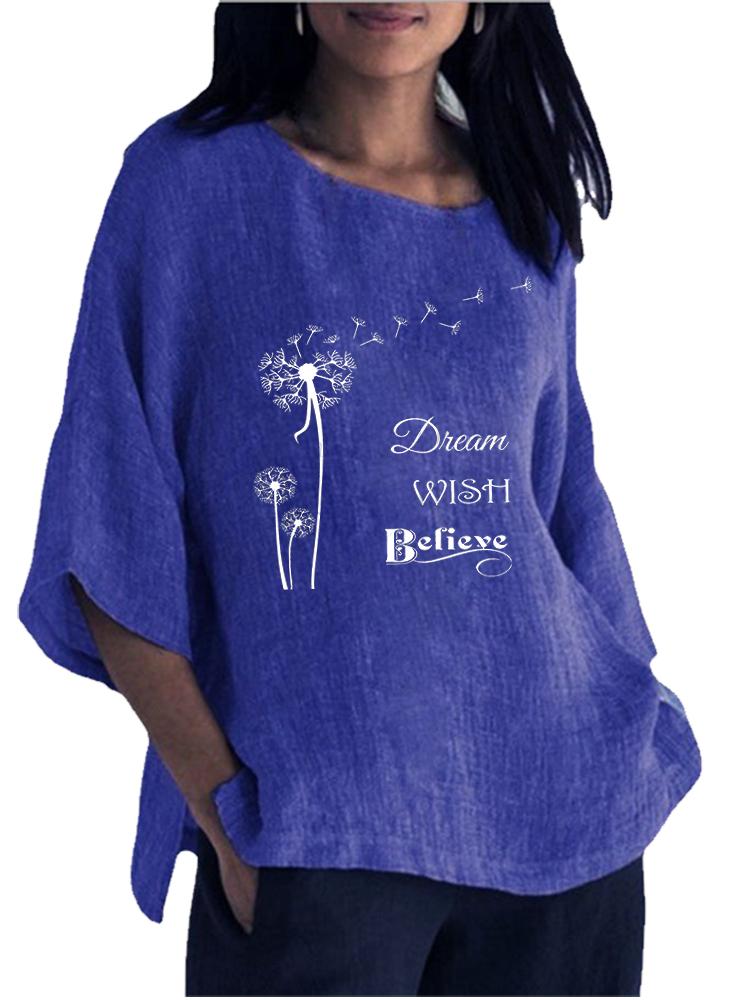 Women Fashion Round Collar Print Shirt Spring&summer 3/4 Long Sleeve Top Ladies Cotton Linen Blouse