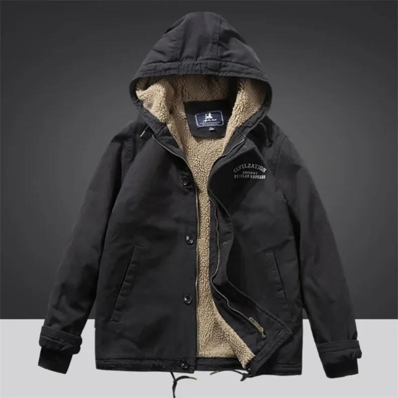 Men's Lamb Wool Retro Workwear Hooded Fleece-lined and Thickened Cotton-padded Jacket Coat in Autumn and Winter 2025.