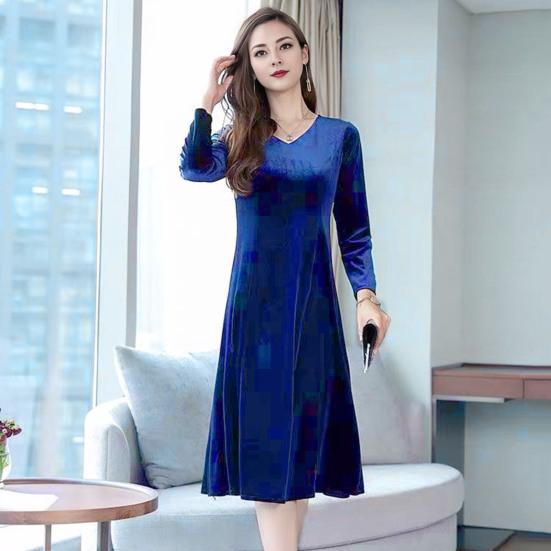 Abito in velluto da donna, autunno inverno, tinta unita, scollo a V, lunghezza media, abito a trapezio per matrimonio, damigella d'onore, festa, uso quotidiano