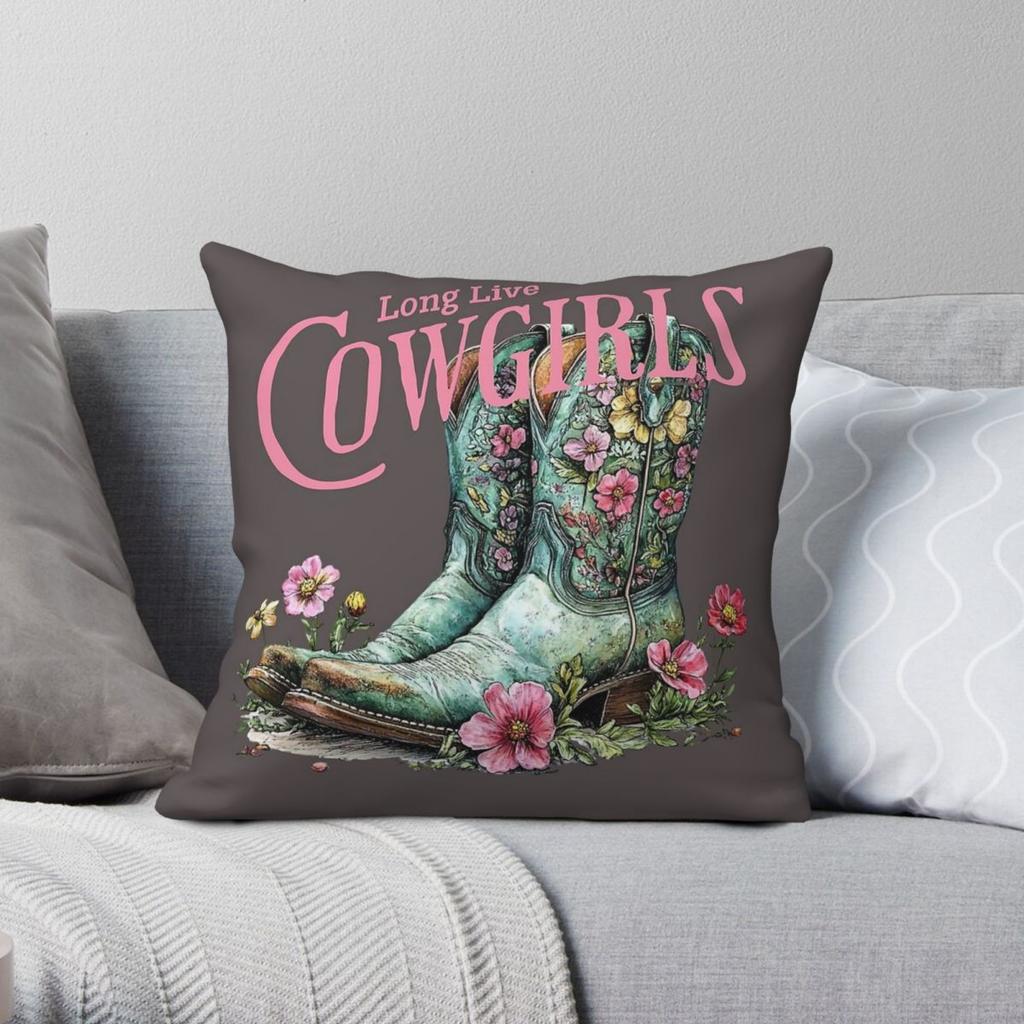 Long Live Cowgirls Boots Square Pillowcase Polyester Linen Velvet Printed Zip Decor Car Cushion Cover