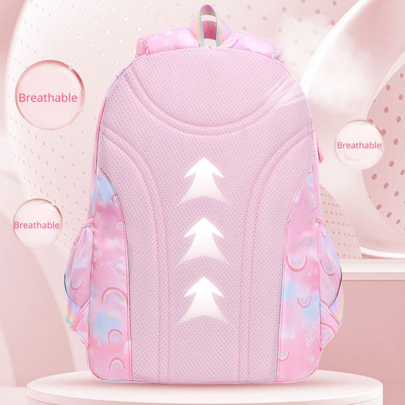 Elementary School Girls Backpack Fashion Rainbow Butterfly Pattern Study Bag Lightweight Refrigerator Door Open Children Rucksack Class 1 3 To 6