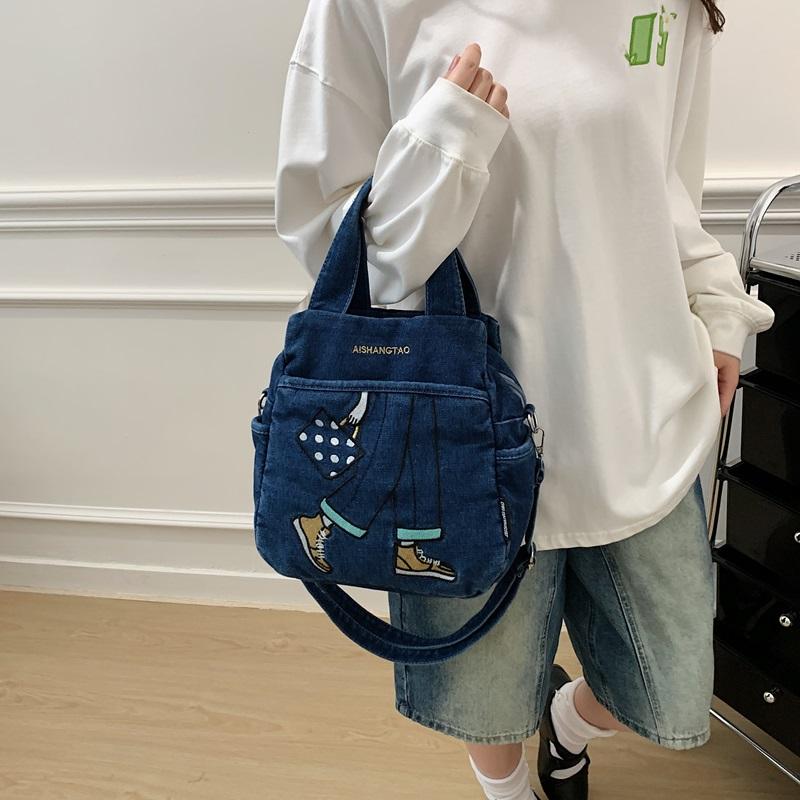 Women Cartoon Embroidery Denim Tote Bag Carry Handbag with Detachable Crossbody Strap Large Capacity Washed Jean Casual Daily Shopping Messenger