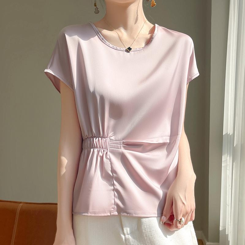 

Женская футболка с короткими рукавами, новая летняя, из смеси шелка тутового шелкопряда, 50% шелка, 50% полиэстера, дышащий тонкий топ, повседневный XXL розовый