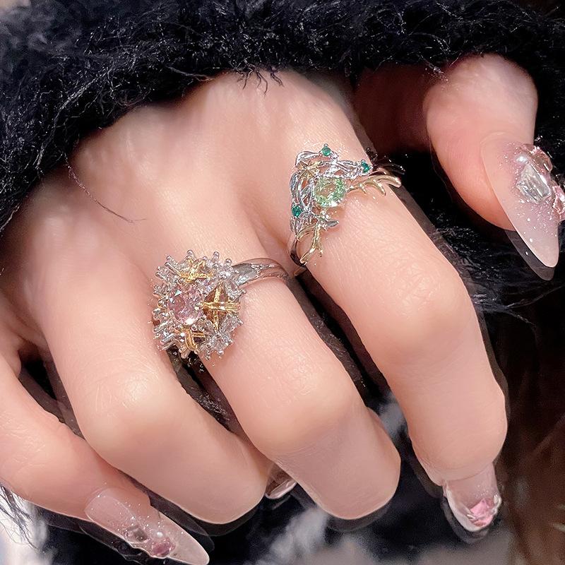 New Antlers Color Treasure Double Gold Light Luxury Premium Sense Opening Ring Pink Love Full Diamond Zircon Personality Ring Female
