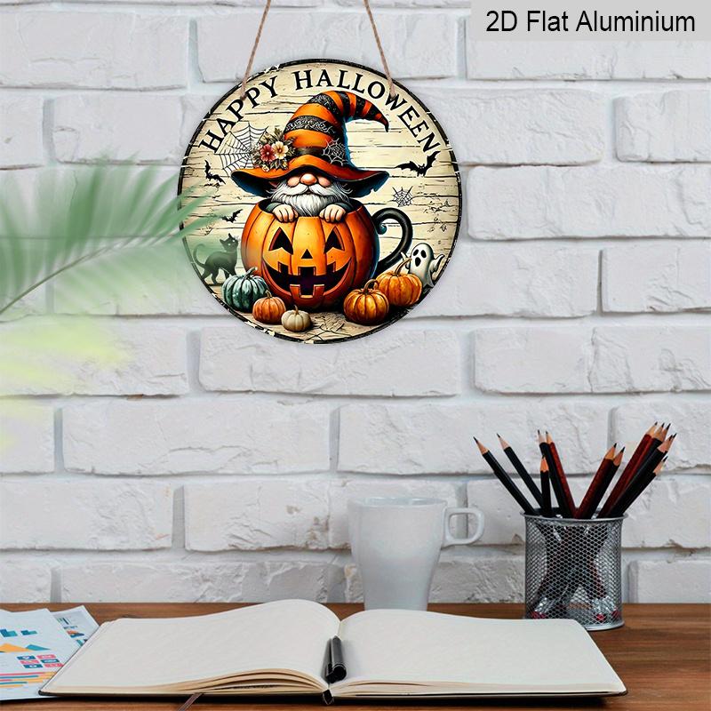 2D Flat, 1pc Joyful Halloween Aluminum Round Sign, Gnome Pumpkin Cup Happy Halloween Print, Rustic Style Metal Door Wall Hanging, No Electricity