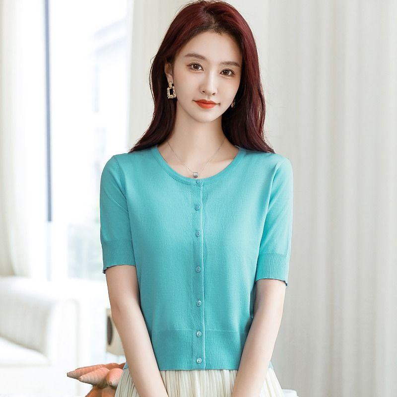 Spring Women's Elegant Solid Button Up Short Sleeve Knitted Blouse