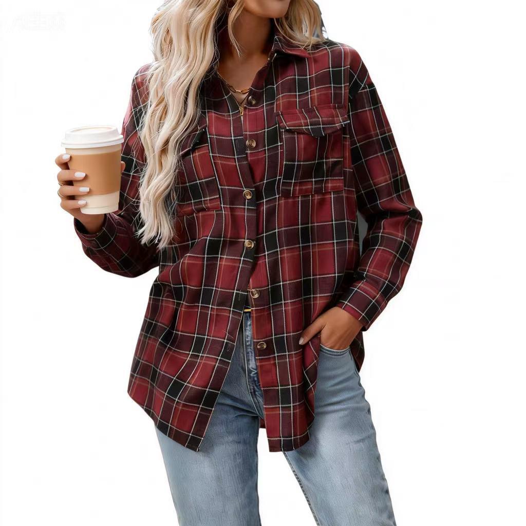 European & American Women's Casual Plaid Pocket Shirt – Autumn Winter 2025 Collection