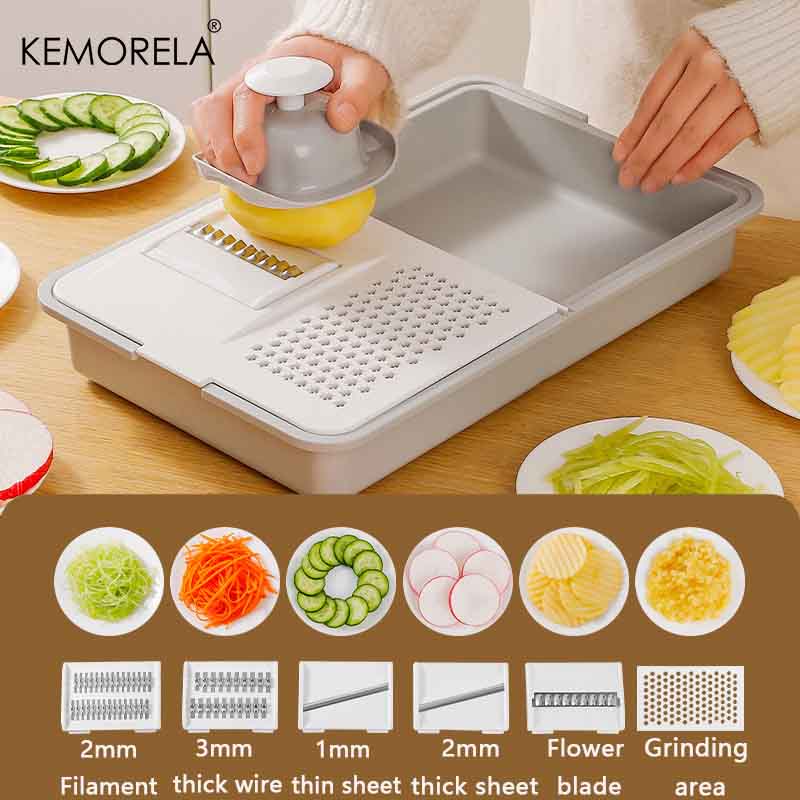 

6-in-1 Vegetable Grater Set - Kitchen Multifunctional Grater Slicer with Drain Basket, Cutting Board for Fruits Salad Easy Clean