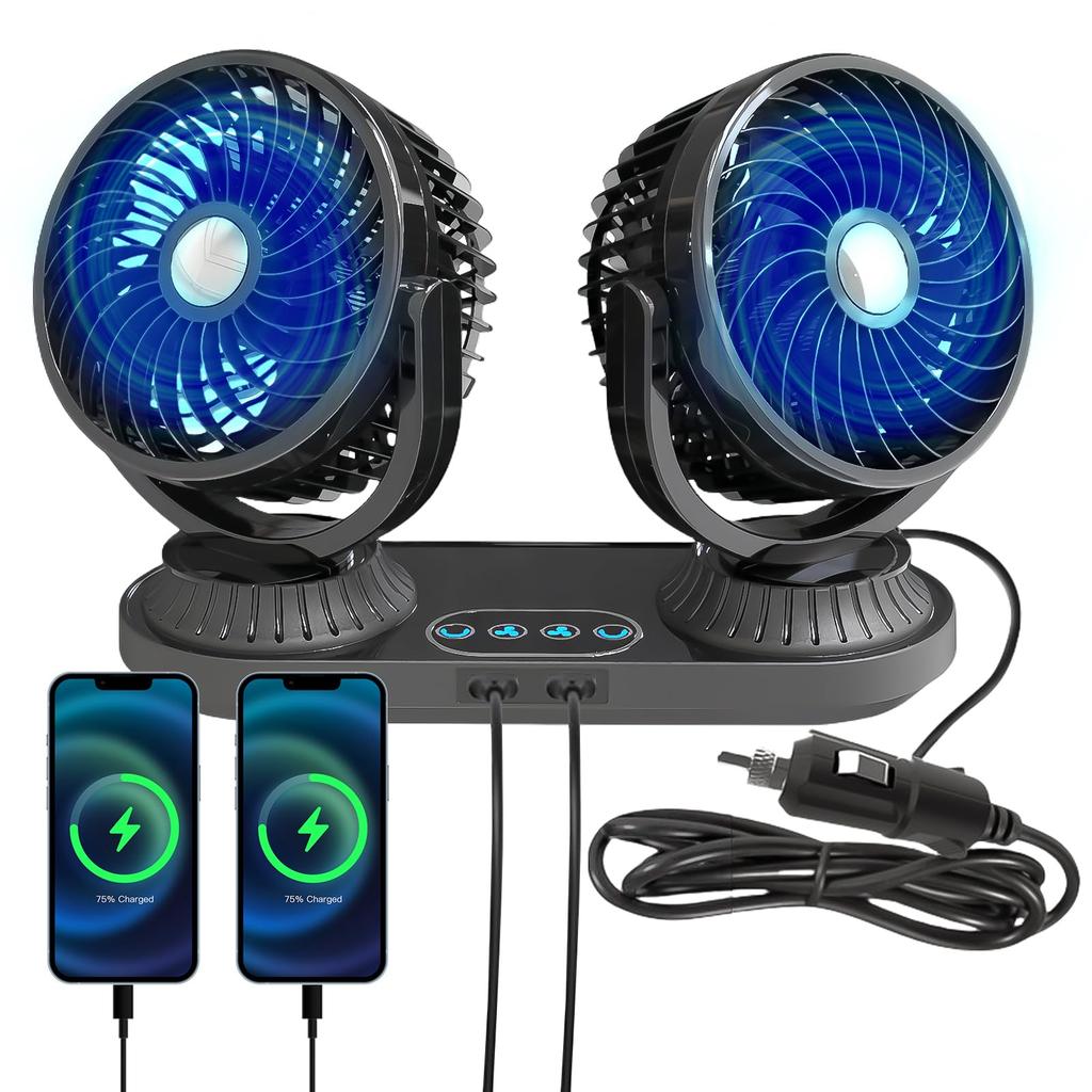 Car Fan for Summer Automatic Oscillating Touchscreen Fan for Cigarette Lighter Car Adjustable Airflow USB Charging Dual Low Strong Easy Air Relieves