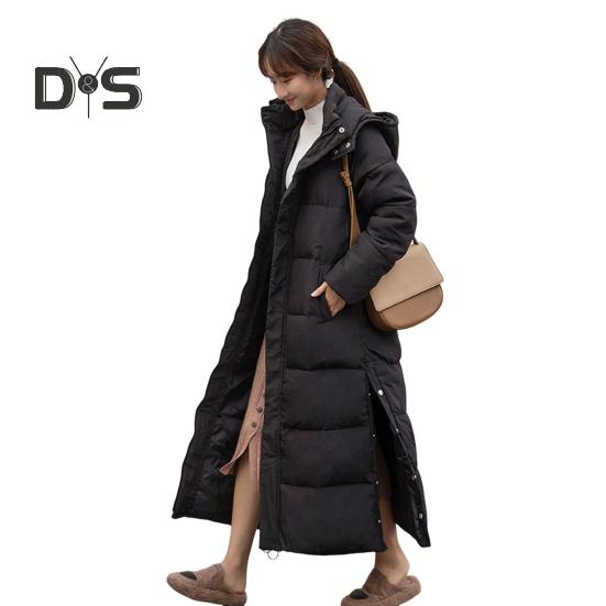 

Женское хлопковое пальто с капюшоном, длинными рукавами, карманами, боковыми разрезами, пуховик, однотонные карманы, утолщенная повседневная верхняя одежда M чёрный