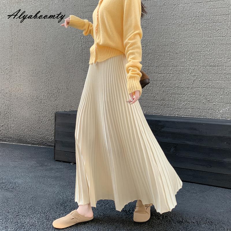 Koreanischer Stil Herbst Winter Damen Plisseerock Hohe Taille Beige Schwarz Rot Strick Langrock Dick Warm Gestrickt Eleganter Rock
