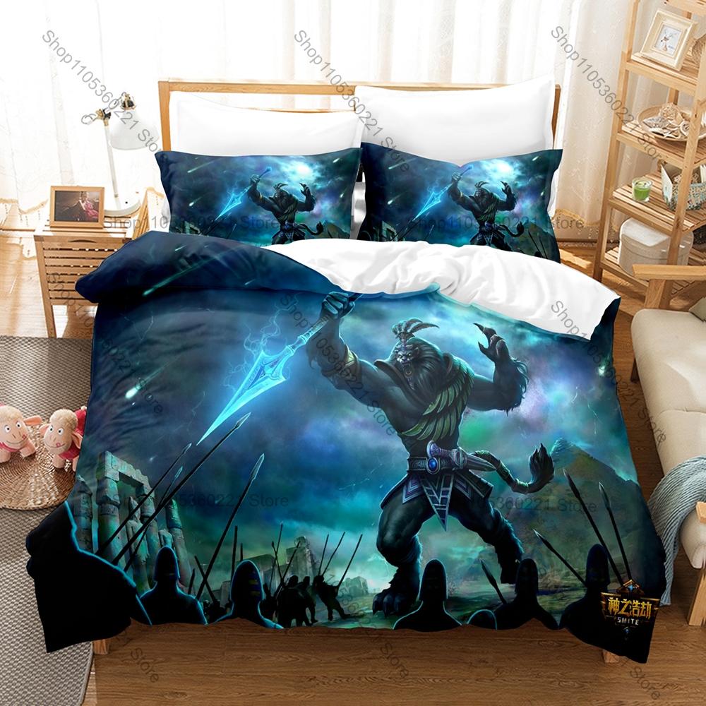 Video Game Smite Bedding Set, Duvet Cover & 2 Pillowcases, Mythology Character Pattern Breathable Fabric All Season Use