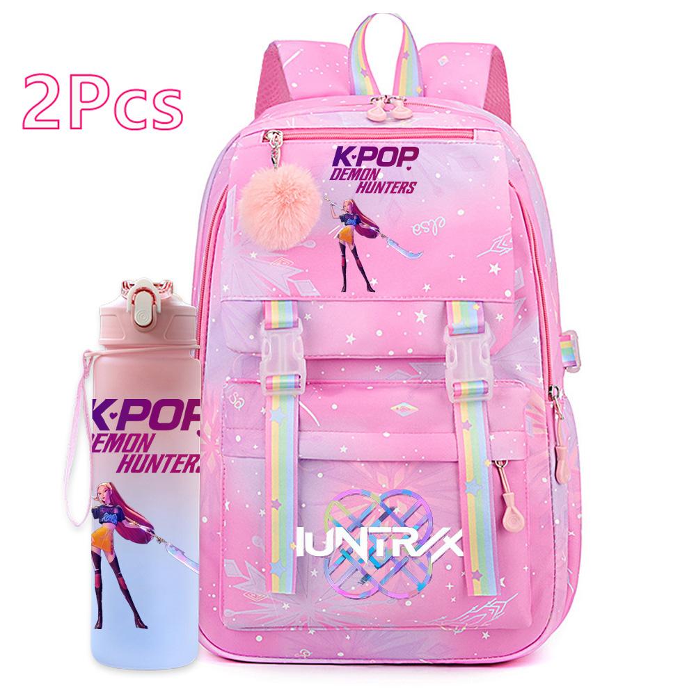 2Pcs/set Cartoon Kpop Printed Backpack with 750Ml Water Bottler for Teenager Girl Boy Bookbag Kid Gift Large Capacity Travel Bag Mochila