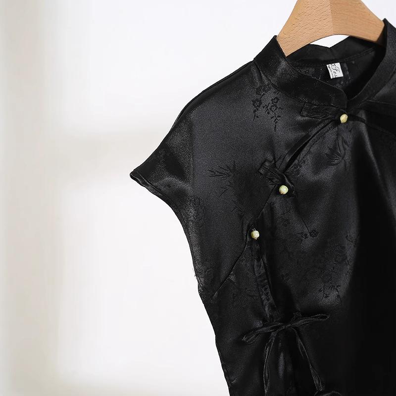Top Black Jacquard Front Shoulder Short Sleeve Shirt Women's 2025 New Summer Retro Shirt