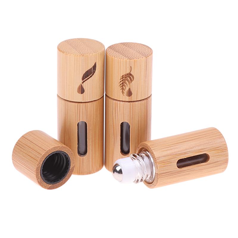 1Pc 3 mL Bamboo Wood Perfume Bottle – Refillable Stainless Steel Roll-On Applicator for Essential Oils and Aromatherapy