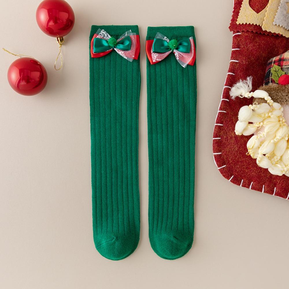 Green New Year Red Socks Cotton Children Long Socks Casual Bow Hosiery for Kids  Winter