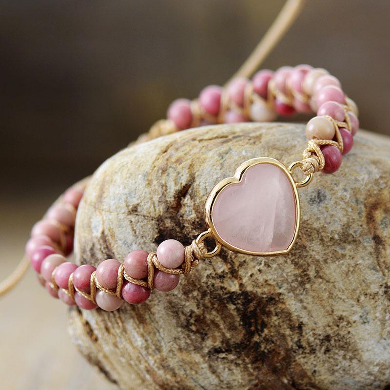 BLINGBAY Bracelet Femme Pêche en Forme de Coeur Double Couche Pierre Naturelle Bracelet tissé à la Main Bracelet réglable Fille fête Anniversaire Bijoux Cadeau