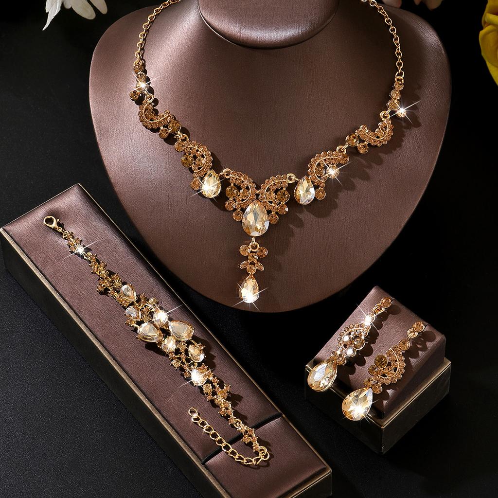 Luxury Red Crystal 3Pcs Jewelry Set Women's Gold Rhinestone Necklace Earrings Bracelet Bridal Wedding Party Accessories